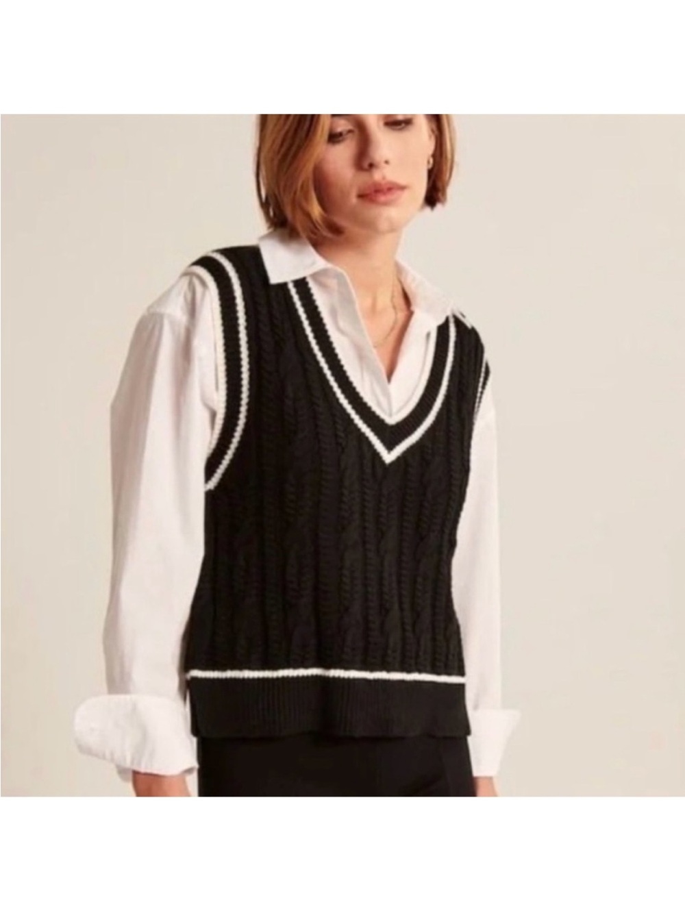 A&F Black Cable-Knit V-Neck Sweater Vest with White Trim